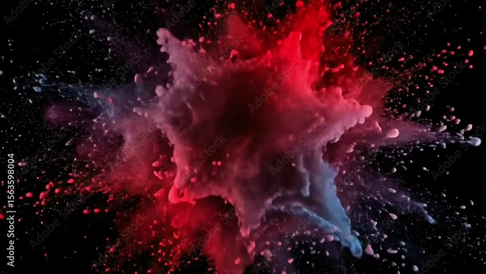 Poster cosmic burst: a vibrant explosion of red and blue pigments bursts forth against a black abyss, creat