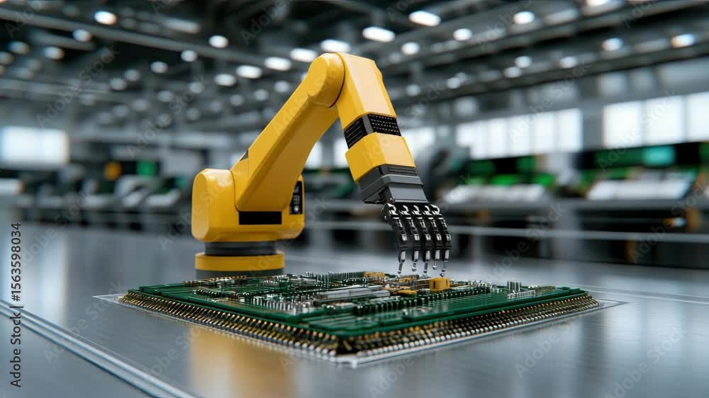 Poster a robotic arm skillfully works on assembling intricate electronic components in a high-tech manufact