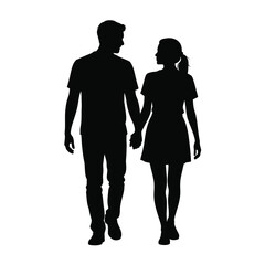 Black silhouette of a couple holding hands walking together on a white background 2