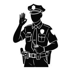 Black silhouette of a police officer in uniform holding a radio and gesturing O K on a white background
