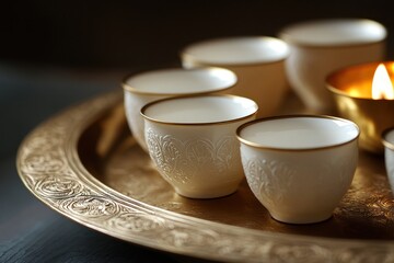 Elegant Ceramic Tea Cups on a Decorative Gold Tray with Candle