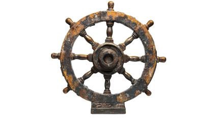Old maritime steering wheel reflecting history and adventure, aged wood and metal merge to tell tales of sea voyages and exploration on transparent background