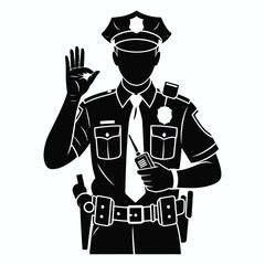 Black silhouette of a police officer in uniform holding a radio and gesturing O K sign
