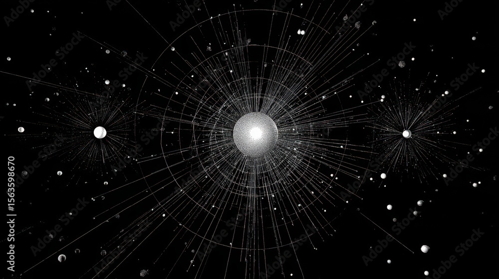 Poster a complex network of radiating lines and points.