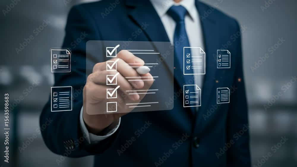 Poster digital checklist success: a professional man in a suit virtually ticks off items, enhancing busines