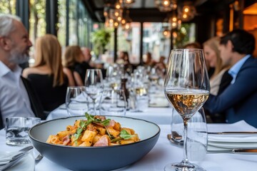Elegant Dining Experience with Pasta Dish and Wine in Restaurant