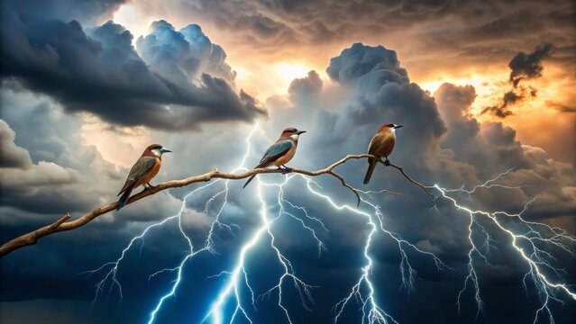 Three birds perched on a branch amidst a dramatic thunderstorm, a powerful image of resilience and nature's fury.