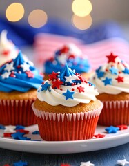 Close-up of cupcakes with red, white, and blue icing and star-shaped sprinkles. 4th july, independence day usa america