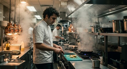 Focused chef expertly prepares ingredients in a bustling restaurant kitchen, showcasing culinary precision and dedication.