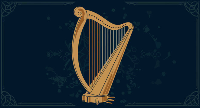 Elegant harp vector illustration for musical design with ornamental border in flat style