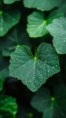 Green leaf with water drops on background of blurred green leaves. Natural textures, botanical illustrations, background for environmental themes.