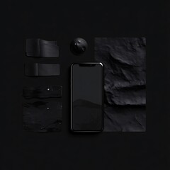 Flatlay of black objects, minimalist aesthetic