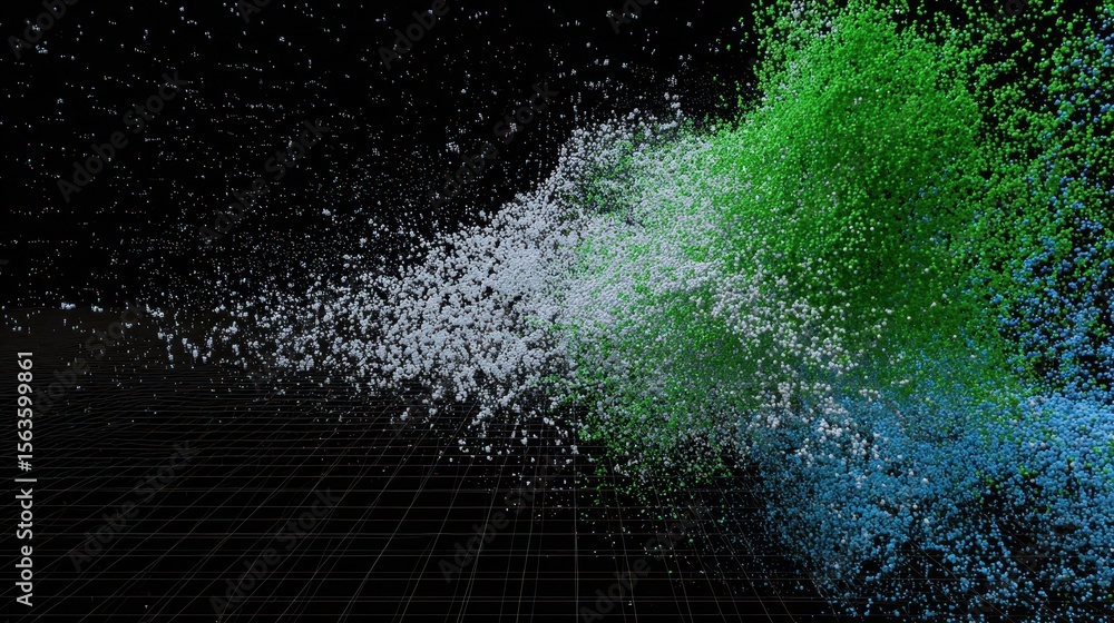 Poster multi-colored particle explosion against a grid background.