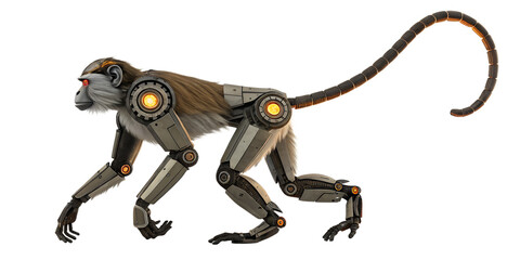 Detailed robotic monkey with glowing orange eyes and segmented tail isolated on transparent background