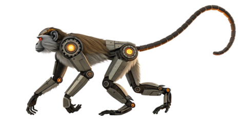 Detailed robotic monkey with glowing orange eyes and segmented tail isolated on transparent background
