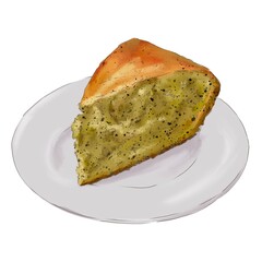 Watercolor digital piece of poppy seed pie on a plate on a white background