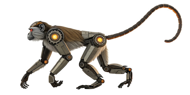 Detailed robotic monkey with glowing orange eyes and segmented tail isolated on transparent background
