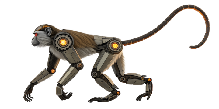 Detailed robotic monkey with glowing orange eyes and segmented tail isolated on transparent background