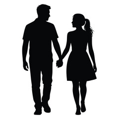 Black silhouettes of a couple holding hands walking together