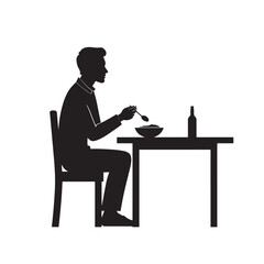 Black Silhouette Vector of Person Sitting and Eating with Spoon at Table in Daily Mealtime Scene on White Background Full Ultra HD