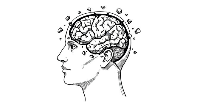 Detailed line vector illustration of a human brain in side profile exploding with ideas