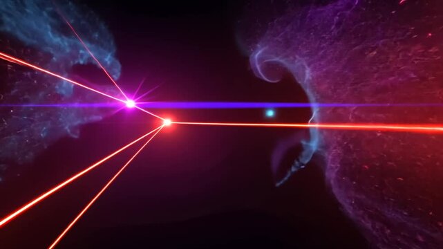 Cosmic Convergence A mesmerizing visualization of interstellar laser beams connecting celestial bodies amidst vibrant nebulae.