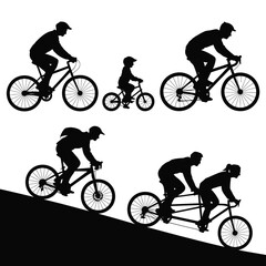 Obraz premium Black silhouettes of cyclists on bicycles including a tandem bike against a white background