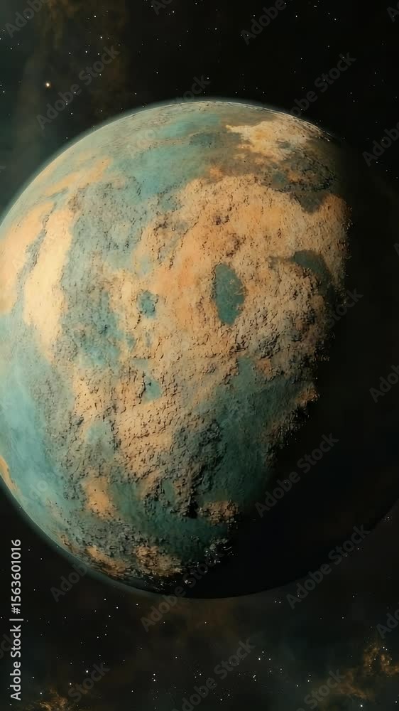 Poster abstract rendering of a planet against a starry backdrop showcasing textured surfaces and contrastin