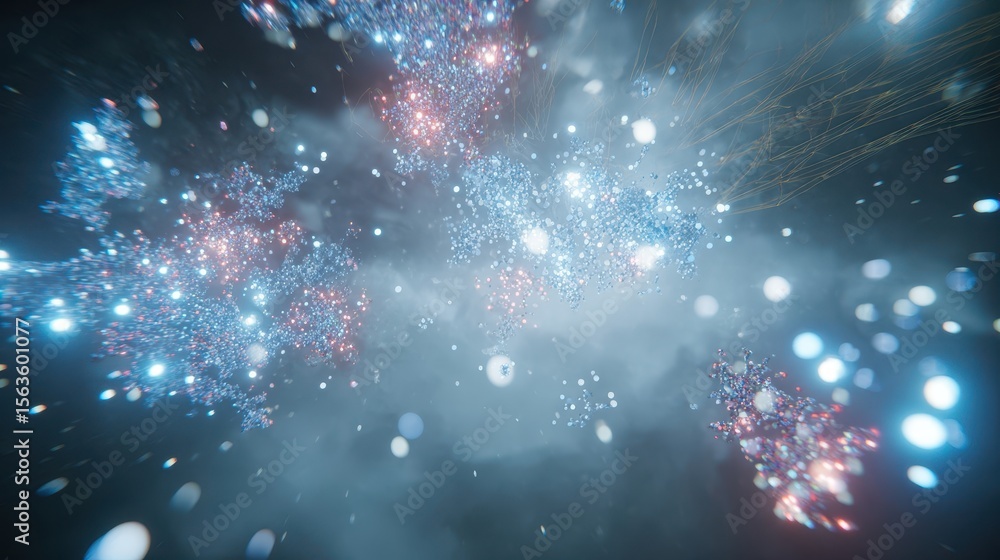 Poster sparkling, luminous particles explode in a dynamic display.