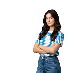 Obraz premium A cheerful young woman with crossed arms, wearing a striped tshirt and jeans, isolated on transparent background, radiating confidence and style