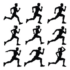 Black silhouettes of diverse people running in various poses on a white background