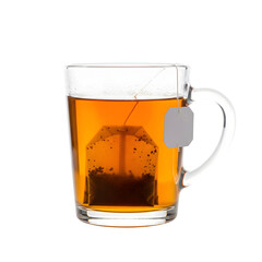 A clear glass mug filled with hot tea and a tea bag steeping inside, isolated on transparent background