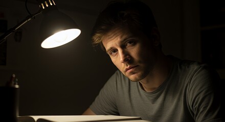 Young man studies intently under a desk lamp, his serious expression illuminated by the warm light, conveying a sense of focused concentration and
