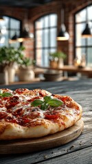 Delicious pizza with savory toppings served on a wooden board in a cozy restaurant setting