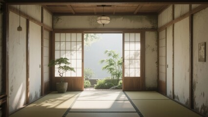 Obraz premium Traditional Japanese Room with Sliding Doors and Tatami Flooring