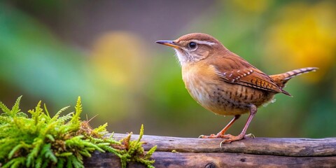 Fototapeta premium A small brown bird perched on a mossy log, enjoying a tranquil moment in nature's embrace.
