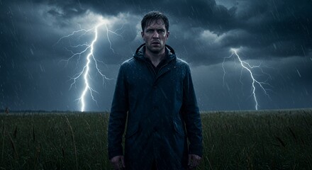 Man in a raincoat stands alone in a field during a dramatic thunderstorm, lightning illuminating the dark sky and pouring rain.