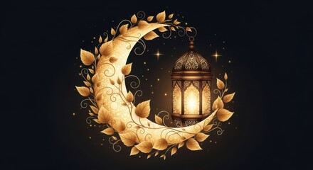 Golden crescent moon with hanging lantern and leaves