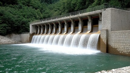 Scenic Dam Overlook with Cascading Water and Lush Greenery