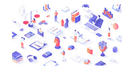 Data Analysis, Accounting, Analytics, Report, Research, Planning. Business process, office work. People work with documents, graphs and charts. 3d isometric concept for web. Vector illustration.
