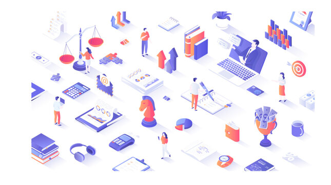 Data Analysis, Accounting, Analytics, Report, Research, Planning. Business process, office work. People work with documents, graphs and charts. 3d isometric concept for web. Vector illustration.