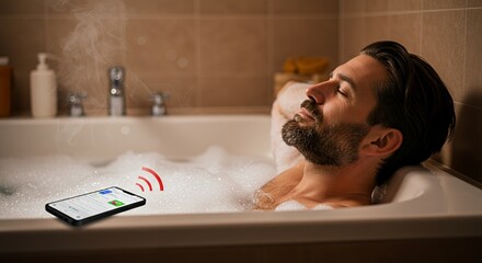 Relaxing in a bubbly bath, a smartphone rests nearby, silently connecting to the outside world.