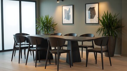 Obraz premium Modern dining room with dark furniture and abstract art image