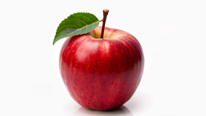 Single fresh red apple with green leaf isolated on a white background for food, nutrition, and healthy eating concepts. Suitable for use in diet, fruit, and organic produce contexts.