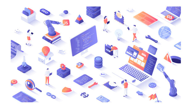 Software Development and Programming. Engineering, Coding, Data Processing. Tiny people programming APPs for different devices. 3d isometric concept for web. Vector illustration.