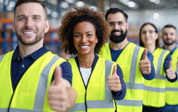 A diverse group of warehouse workers wearing safety vests giving thumbs up and smiling confidently.