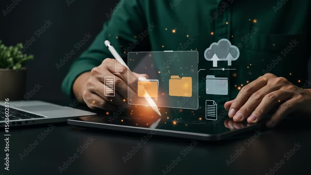 Poster data management: a man in his 30s uses a digital pen on a tablet displaying cloud uploading, file tr