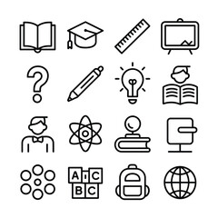 Education Icon Set Black Outlines of School Supplies and Learning Symbols
