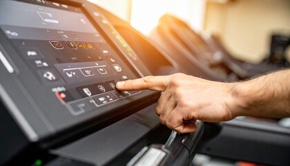 Hand Adjusting Treadmill Console In Gym