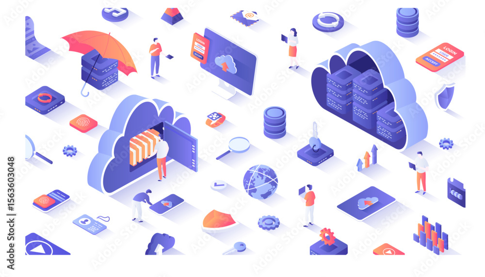Poster cloud computing. web cloud technology, data storage, hosting, connection. tiny people work with a cl